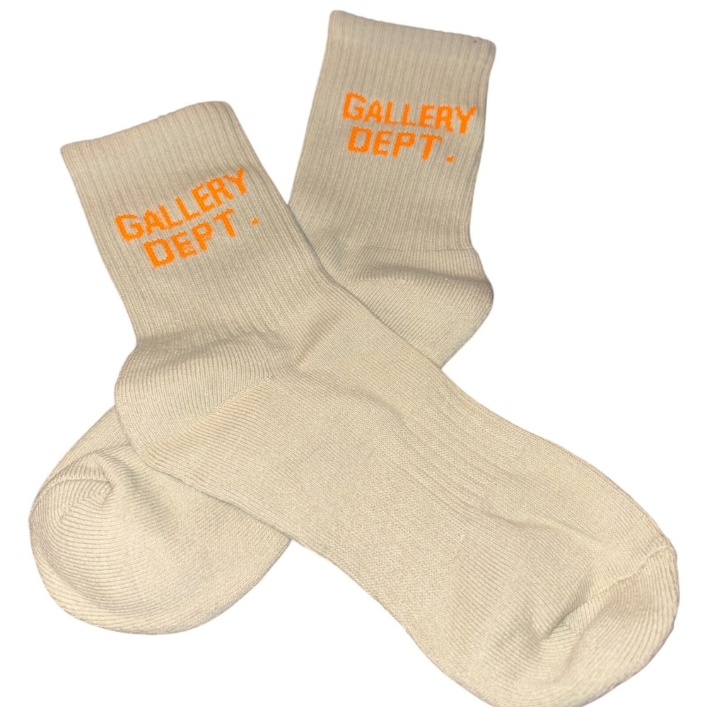 Gallery Dept Beige Woven Socks Orange Logo Crew Womens Small 4-6.5 One Pair NWOT